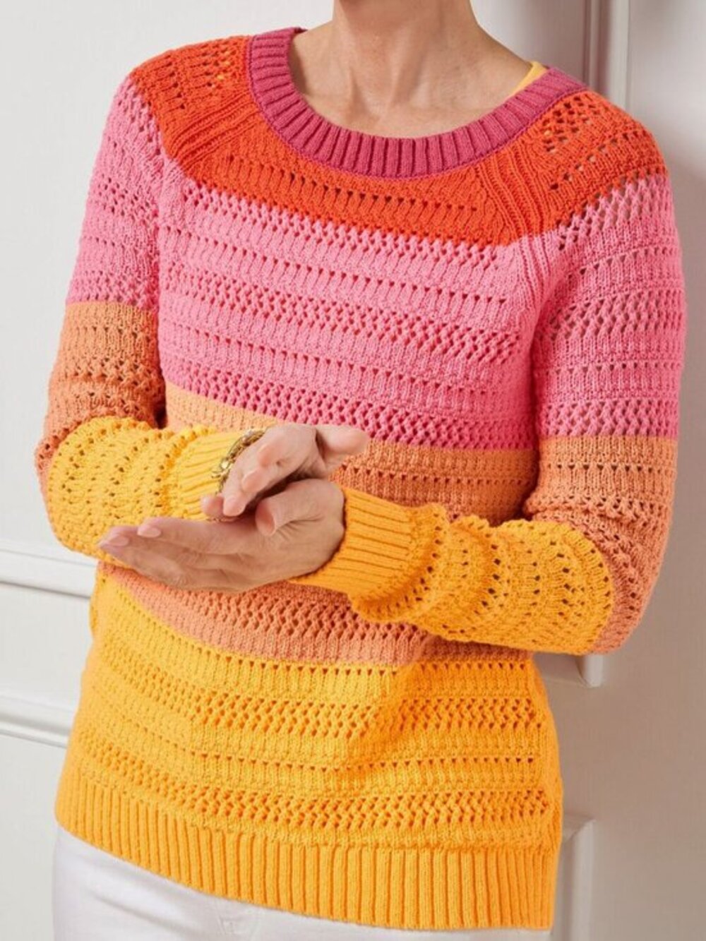 New Talbots 100% Cotton Colorblock Crochet Sweater Pink Yellow Med
